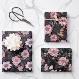 HandGezeichnet 3D-Blume-Muster in Rosa und Gold Geschenkpapier Set