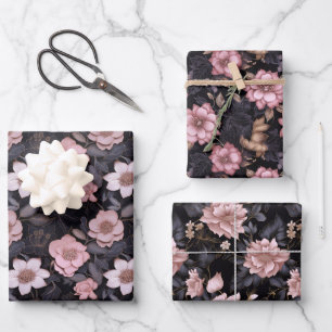 HandGezeichnet 3D-Blume-Muster in Rosa und Gold Geschenkpapier Set