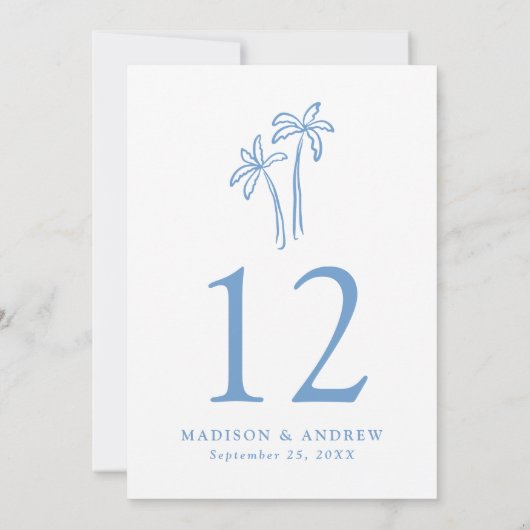 HandGezeichnet Blaupalmen Hochzeitszunge Tischnumm Einladung (Rückseite)