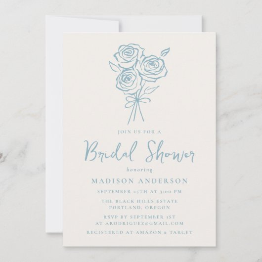 HandGezeichnet Blue Rose Bouquet Foto Brautparty Einladung (Vorderseite)