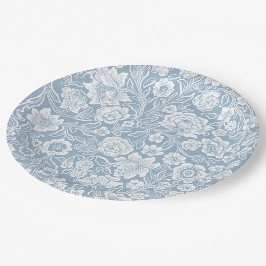 Handgezeichnet Blume, Blaugraue, weiße botanische  Pappteller (Schrägansicht)