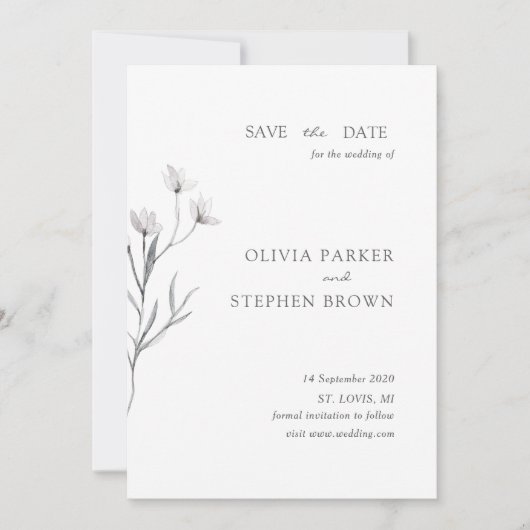 Handgezeichnet Blume. Einfache moderne weiße Hochz Save The Date (Vorderseite)