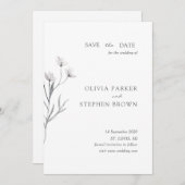 Handgezeichnet Blume. Einfache moderne weiße Hochz Save The Date (Vorne/Hinten)