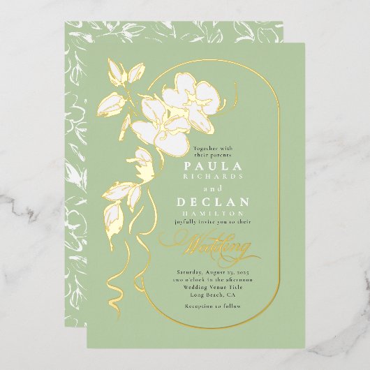 Handgezeichnet Blume Elegant Sage Green Wedding Folieneinladung (Vorderseite/Rückseite)