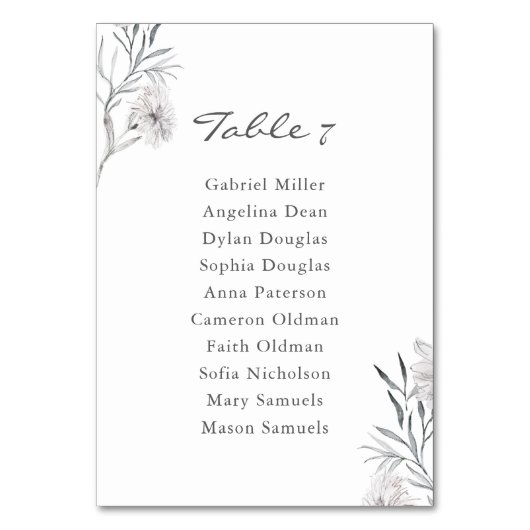 Handgezeichnet Blume Hochzeitssitzplan für Single Tischnummer (Vorderseite)