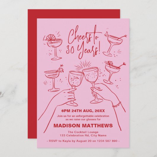 HandGezeichnet Cocktail Cheers 30. Geburtstag Einladung (Vorne/Hinten)