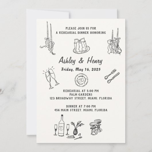 Handgezeichnet die Nacht vor der Probe Abendessen Einladung (Rückseite)
