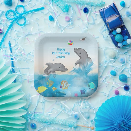 Handgezeichnet Dolphin Volleyball Splash Ocean Pappteller (Party)