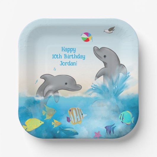 Handgezeichnet Dolphin Volleyball Splash Ocean Pappteller (Vorderseite)