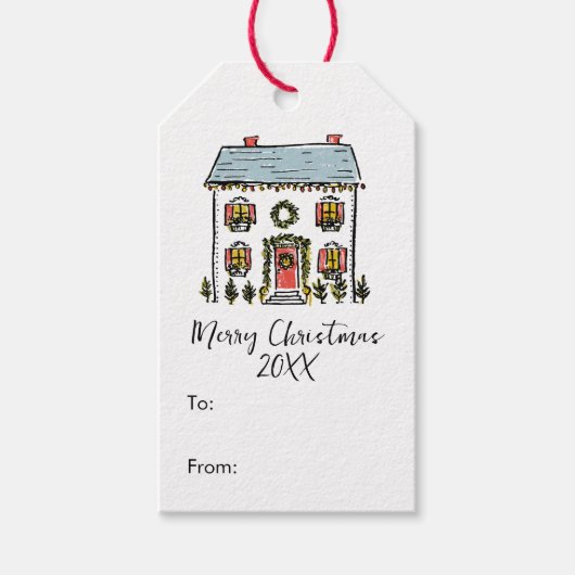 HandGezeichnet Doodles Festive Zuhause Frohe Weihn Geschenkanhänger (Vorderseite)