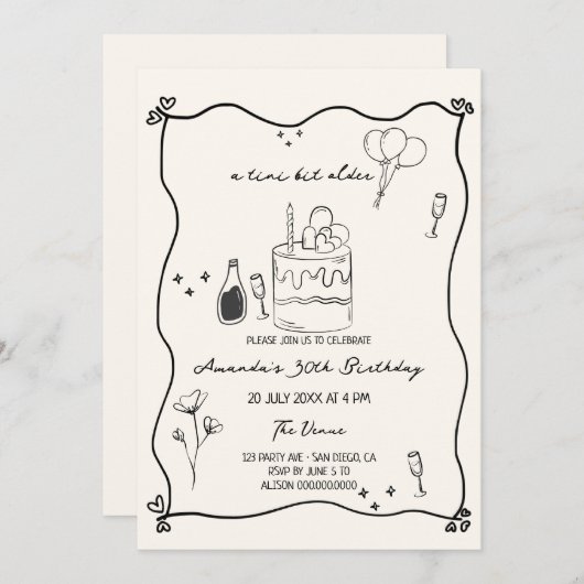 Handgezeichnet ein Tini-Bit Ältere verrückte Gebur Einladung (Vorne/Hinten)