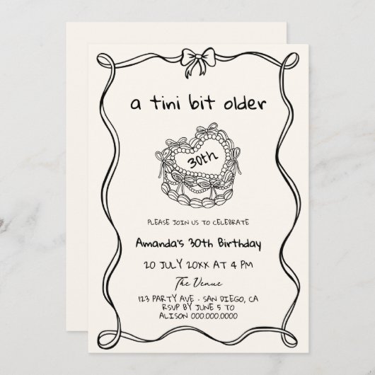 Handgezeichnet eine Tini Bit Ältere Quirky Geburts Einladung (Vorne/Hinten)