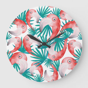 Handgezeichnet Flamingo: wasserfarbenes nahtloses  Große Wanduhr