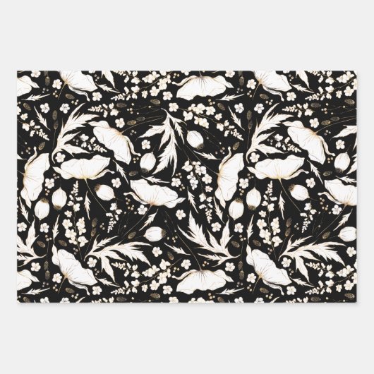 Handgezeichnet Gold Wildblumen Sketch Muster Elega Geschenkpapier Set (Vorderseite)