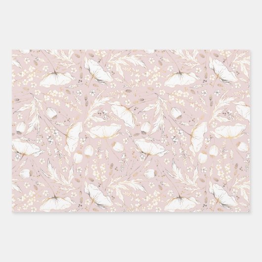 Handgezeichnet Gold Wildblumen Sketch Muster Elega Geschenkpapier Set (Vorderseite 3)