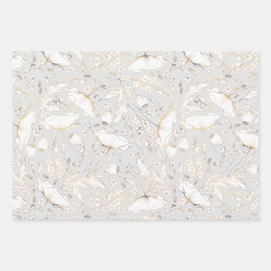 Handgezeichnet Gold Wildblumen Sketch Muster Elega Geschenkpapier Set (Vorderseite)