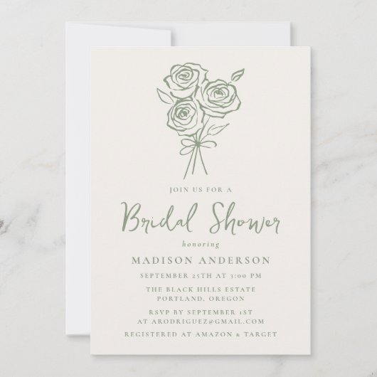 HandGezeichnet Green Rose Bouquet Foto Brautparty Einladung (Vorderseite)