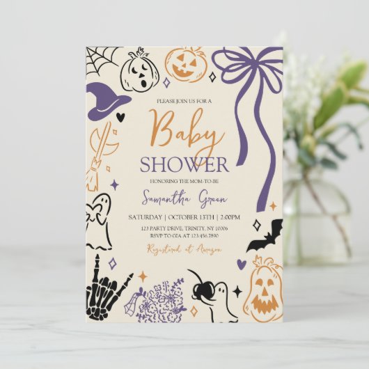 Handgezeichnet Halloween Little Boo Baby Shower Einladung (Stehend Vorderseite)