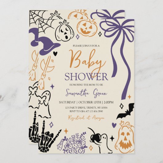 Handgezeichnet Halloween Little Boo Baby Shower Einladung (Vorne/Hinten)