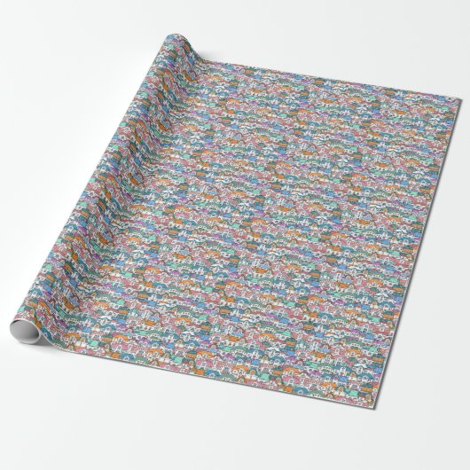 HandGezeichnet Häuser: farbenfrohe Vintage Muster Geschenkpapier (Ungerollt)