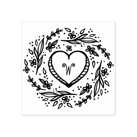 Handgezeichnet Herz- und Blumenkranz-Monogramm Gummistempel (Prägung)