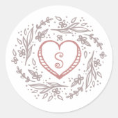 Handgezeichnet Herz- und Blumenkranz-Monogramm Runder Aufkleber (Vorderseite)