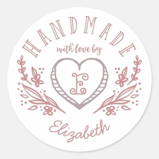 Handgezeichnet Herz- und Blumenkranz-Monogramm Runder Aufkleber (Vorderseite)