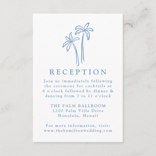 HandGezeichnet Hochzeitsempfang mit blauen Palmen Begleitkarte (Vorderseite)