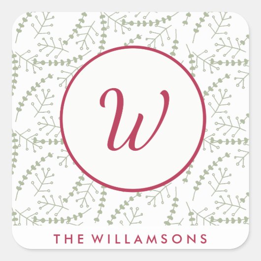 Handgezeichnet Holiday Branches Red Monogram Quadratischer Aufkleber (Vorderseite)