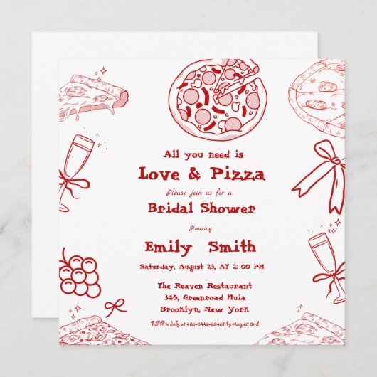 Handgezeichnet ist Liebe & Pizza Brautparty Einladung (Vorne/Hinten)