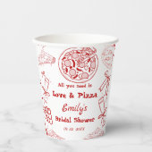 Handgezeichnet ist Liebe & Pizza Brautparty Pappbecher (Vorderseite)