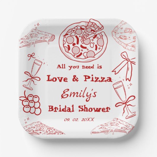 Handgezeichnet ist Liebe & Pizza Brautparty Pappteller (Vorderseite)