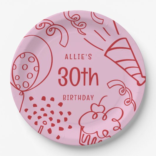 Handgezeichnet jedes Alter Geburtstag Ballon Rosa  Pappteller (Vorderseite)