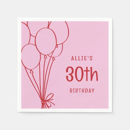 Handgezeichnet jedes Alter Geburtstag Ballon Rosa  Serviette (Vorderseite)