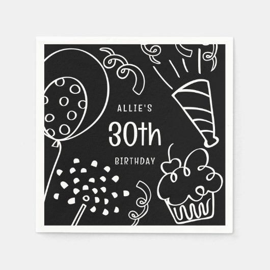 Handgezeichnet jedes Alter Geburtstagsparty Schwar Serviette (Vorderseite)