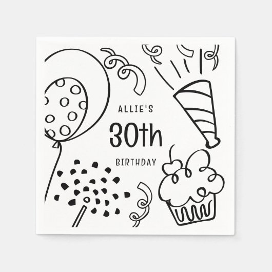 Handgezeichnet jedes Alter Geburtstagsparty Schwar Serviette (Vorderseite)