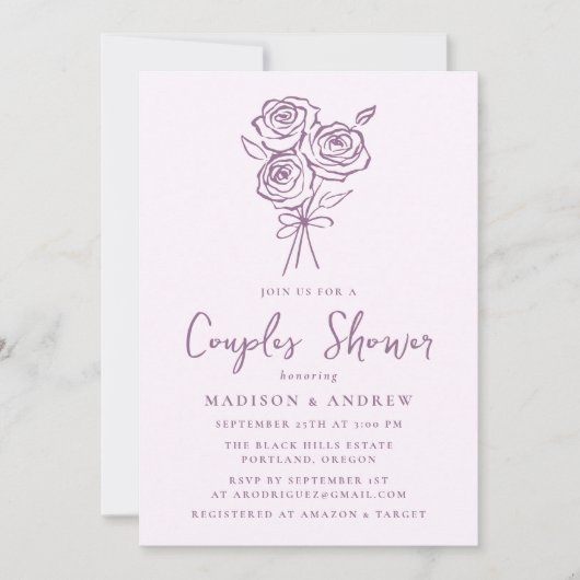 HandGezeichnet Lila Rose Bouquet Couples Dusche Einladung (Vorderseite)