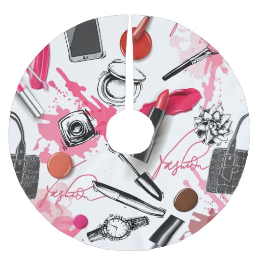 Handgezeichnet Make-up, Vintages Grafikmuster. Polyester Weihnachtsbaumdecke (Vorderseite)