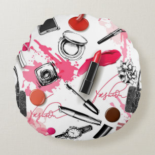 Handgezeichnet Make-up, Vintages Grafikmuster. Rundes Kissen