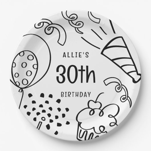 Handgezeichnet Moderner Geburtstag jedes Alters Sc Pappteller (Vorderseite)