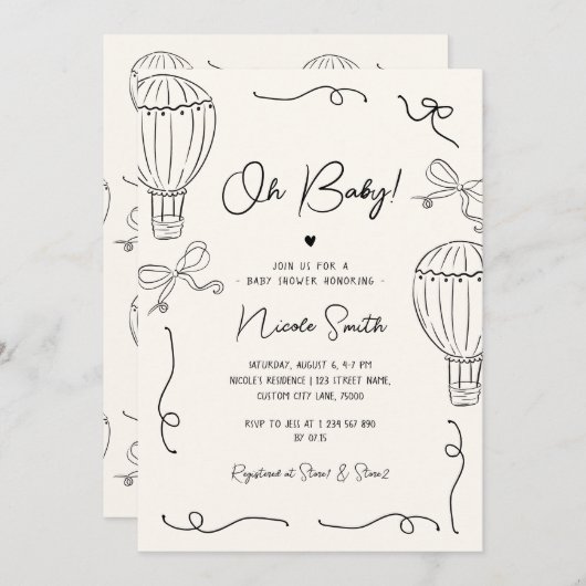 Handgezeichnet Oh Baby Hot Air Ballon Bow Babydusc Einladung (Vorne/Hinten)
