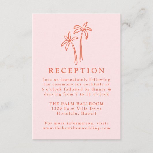 HandGezeichnet Palmen Rosa Hochzeitsempfang Begleitkarte (Vorderseite)