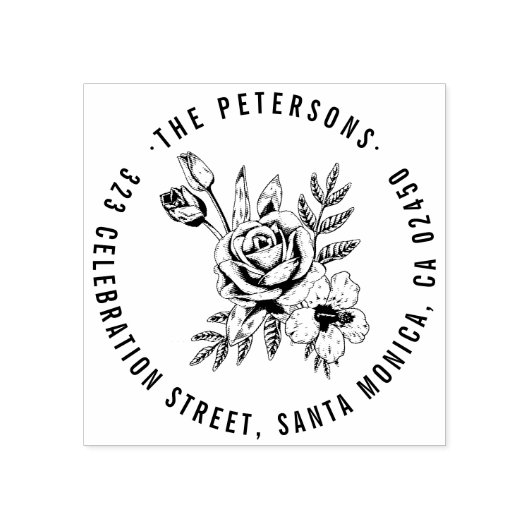 Handgezeichnet Rose Bouquet Round Name Rücksendead Gummistempel (Prägung)