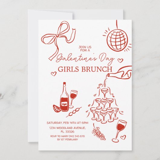 HandGezeichnet Rote Galentine-Tagesmädchen Brunch Einladung (Vorderseite)