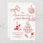 HandGezeichnet Rote Galentine-Tagesmädchen Brunch Einladung (Vorne/Hinten)