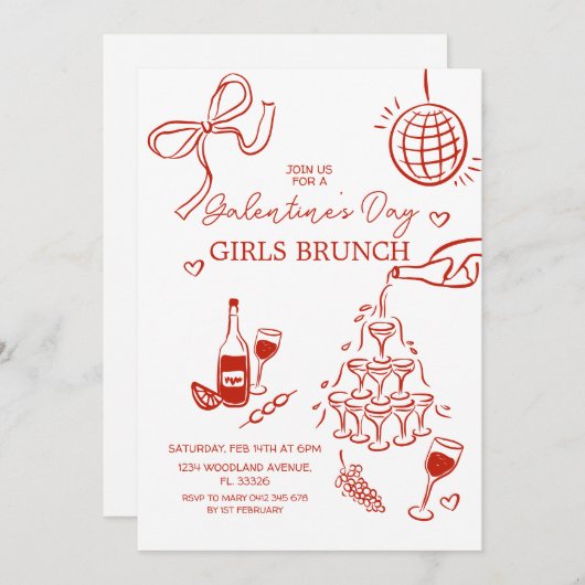 HandGezeichnet Rote Galentine-Tagesmädchen Brunch Einladung (Vorne/Hinten)