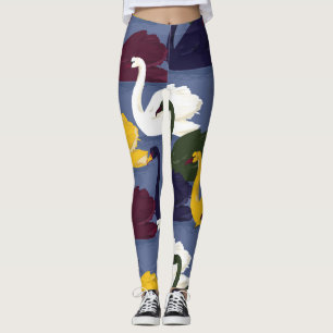 Handgezeichnet Schwäne, blaues Seemuster. Leggings