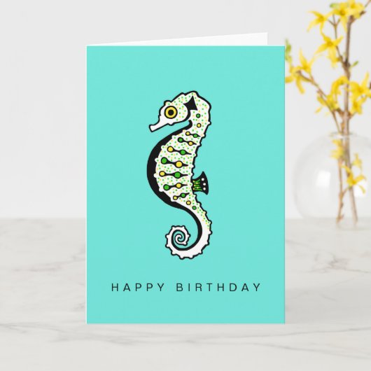 Handgezeichnet - SEEPFERD - Wildfauna - Aqua Karte (Gelbe Blume)