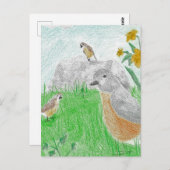 Handgezeichnet Springtime Daffodils Robins Postkarte (Vorne/Hinten)
