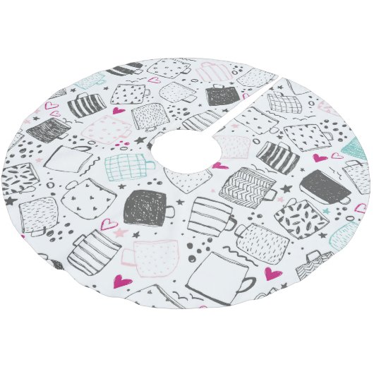 Handgezeichnet Tasse Muster, nahtlos gestaltet. Polyester Weihnachtsbaumdecke (Schrägansicht)